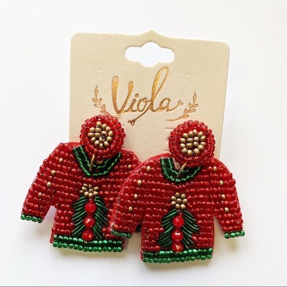 Red and Green Boho Seed Beaded Ugly Christmas Sweater Earrings - Picture 1 of 10
